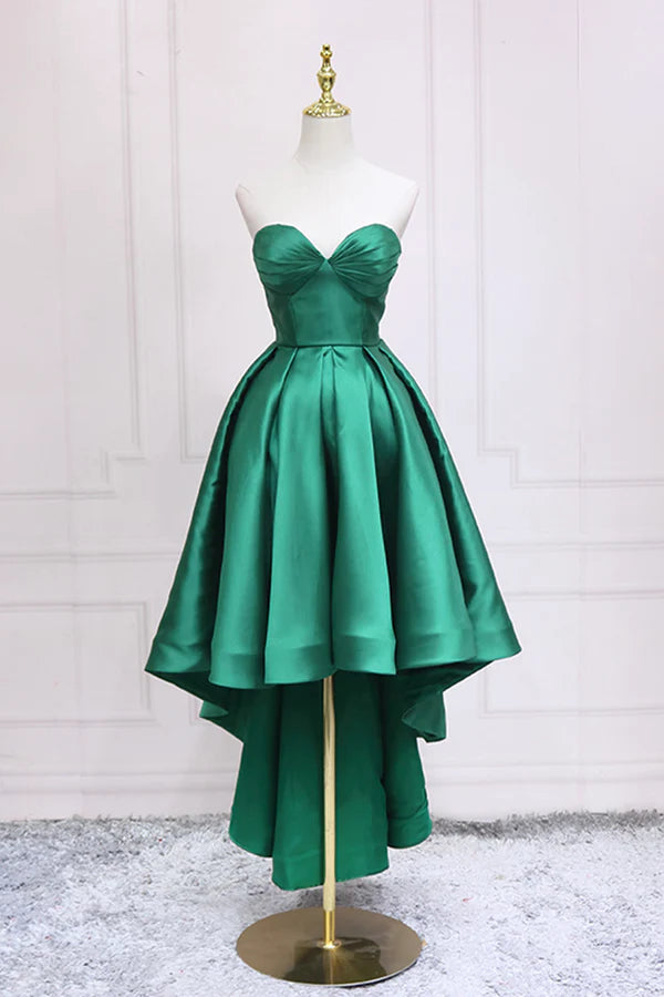 Wholesale Green Satin High Low Prom Dress Cute Sweetheart Neck Evening Party Dress